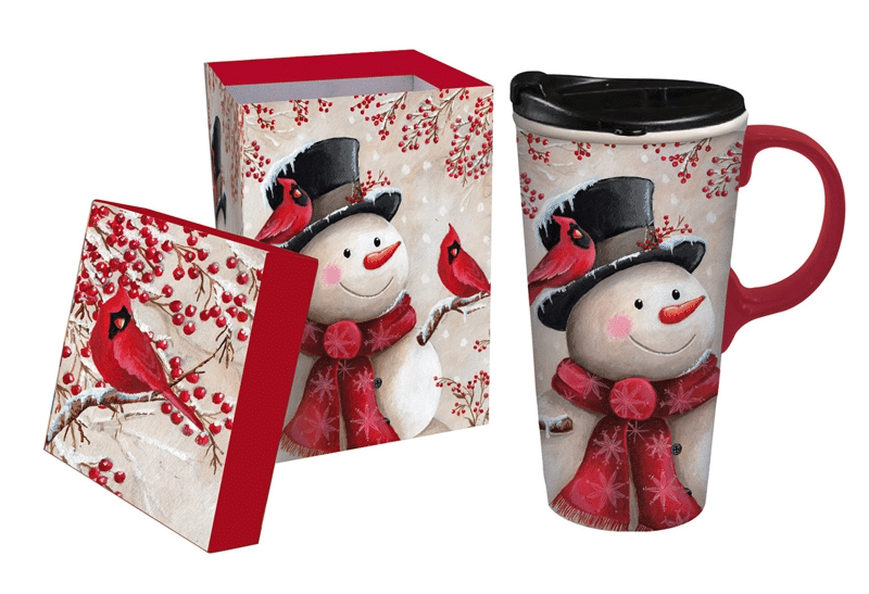 travel mug snowman with cardinal – christmas