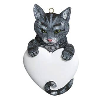 Gray Tabby Cat with Heart Ornament