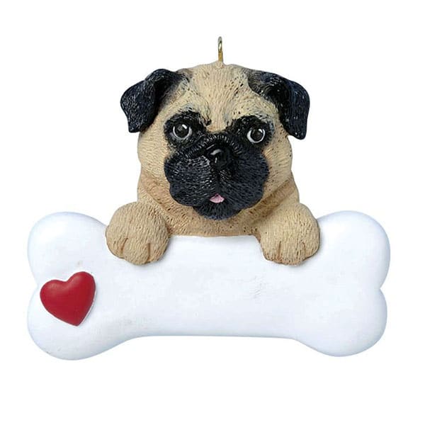 Pug with Dog Bone Ornament Personalize