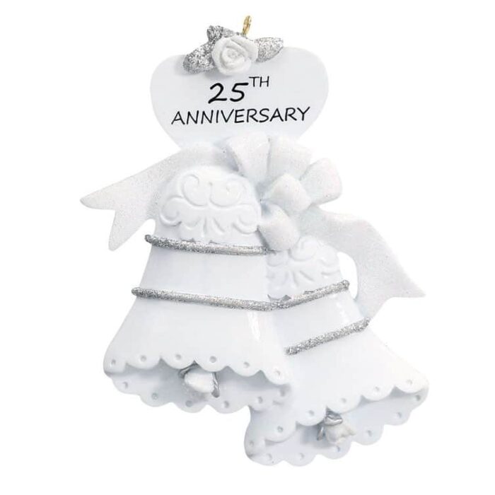 25th Anniversary White with Silver Wedding Bells Personalized Ornament