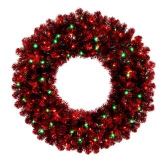 Red Tinsel Wreath With Red and Green LED Lights
