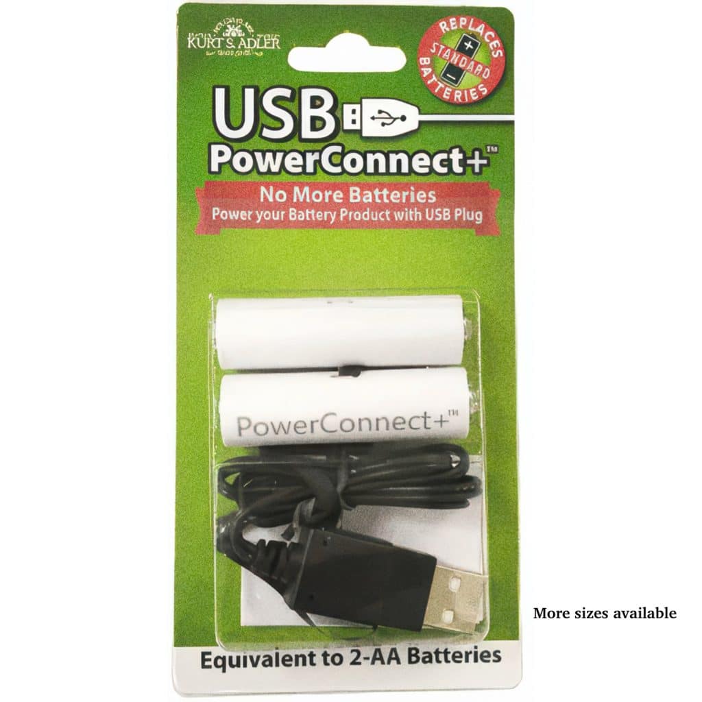 Usb Powerconnect+ Battery Pack for Replacing Two Aa Batteries Includes Two White Cylindrical Modules and Usb Cable on Green Packaging