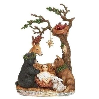 Woodland Animals with Baby Jesus Under a Tree with a Star Figurine