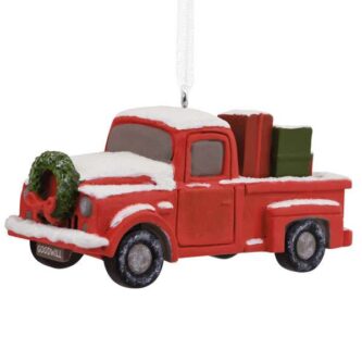 Red Truck With Wreath On Grill Ornament