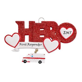 First Responder EMT Hero with Heart and Dangle Ambulance Personalized Ornament