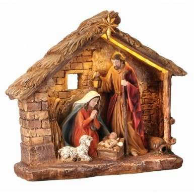 Nativity Holy Family in Creche Led Lit Traditional Colors