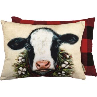 This Holiday Calf Pillow features a sweet calf with a wreath of evergreen branches