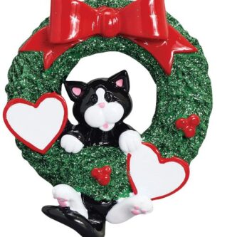 Tuxedo Cat in Wreath Personalized Ornament