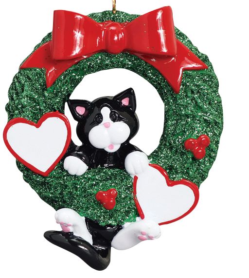 Tuxedo Cat in Wreath Personalized Ornament