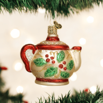 Old World Christmas Blown Glass Holly Teapot Ornament
