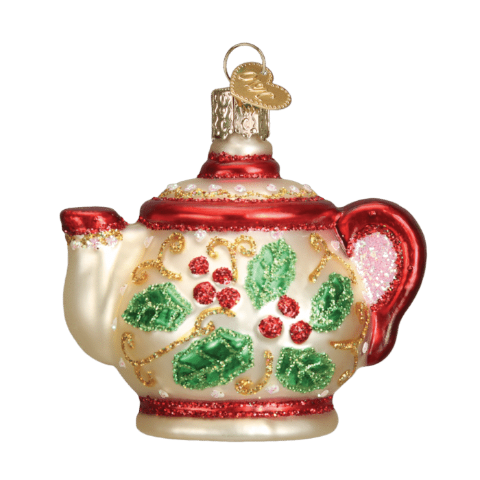 Old World Christmas Blown Glass Holly Teapot Ornament