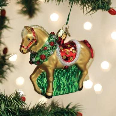 Old World Christmas Blown Glass Horse with Wreath Ornament