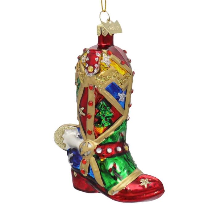 Multi Colored Decorated Glass Cowboy Boot Ornament