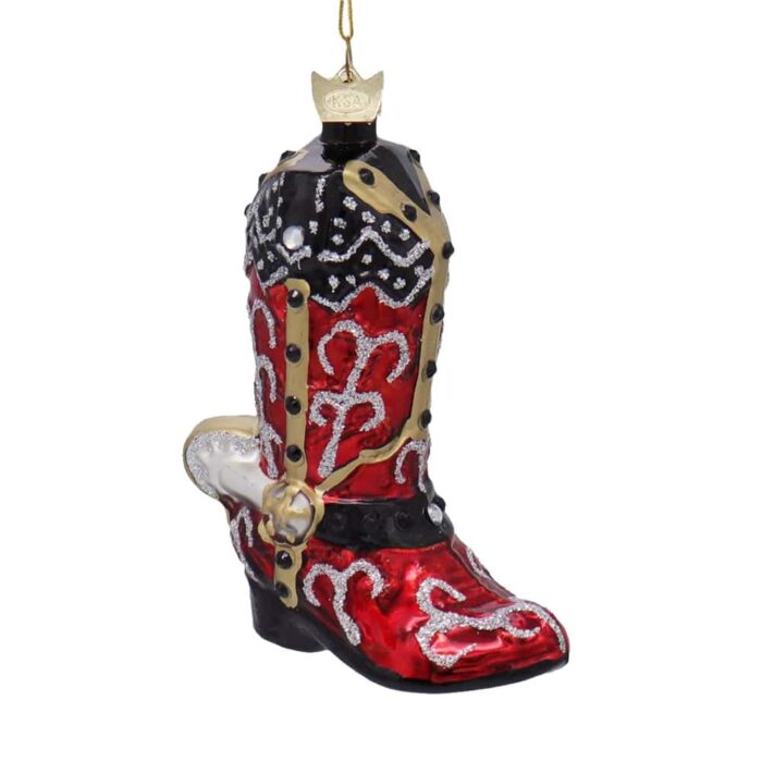 Red and Black Decorated Glass Cowboy Boot Ornament