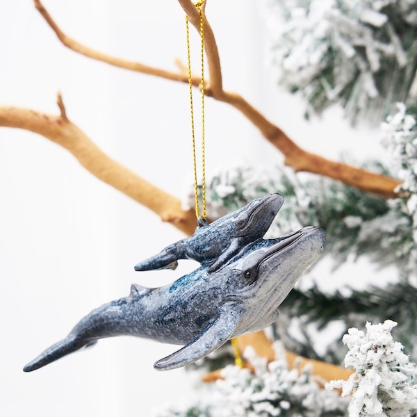 Blue Mama and Baby Whale Ornament Branch