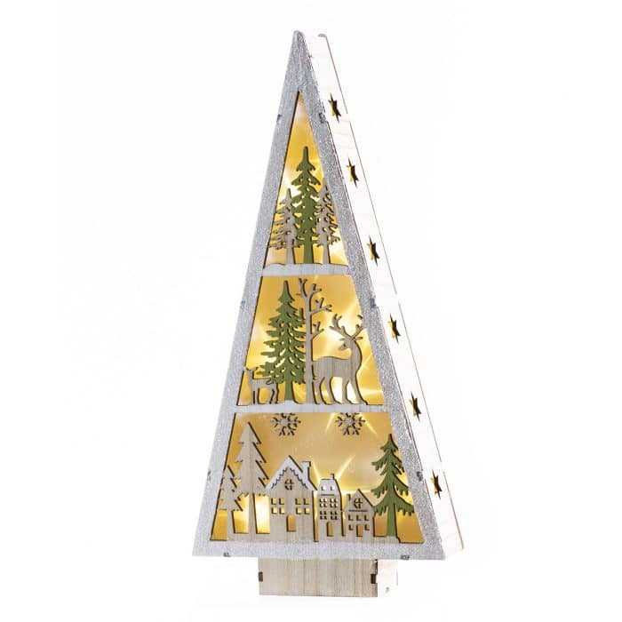 Tree with Cutout Deer and Town Lit