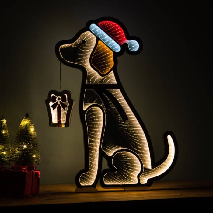 Dog in Santa Hat Infinity Light Lit Decor Glamour