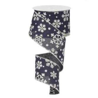 Falling Snow Navy Blue Ribbon 2.5"