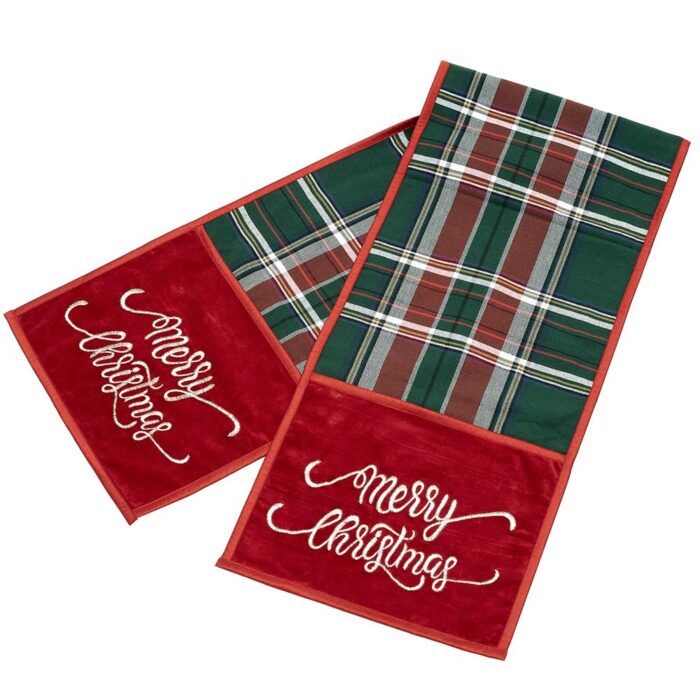 Merry Christmas Embroidered Plaid Table Runner