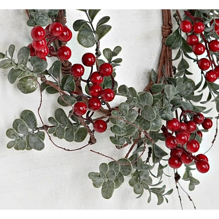 Vintage Flocked Boxwood Red Berry Candle Ring Close Up