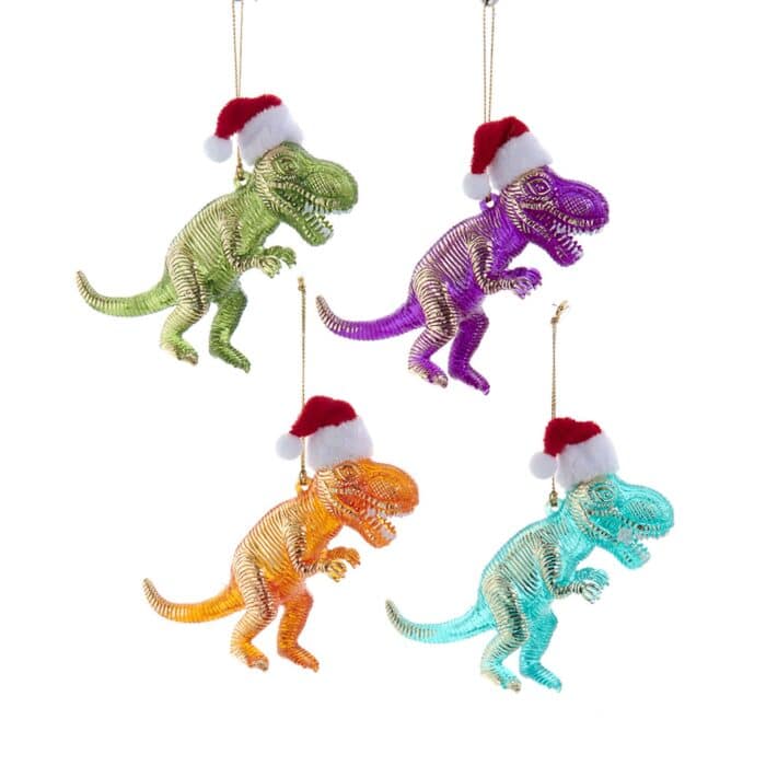 Colorful Dinosaur In Santa Hat Ornaments