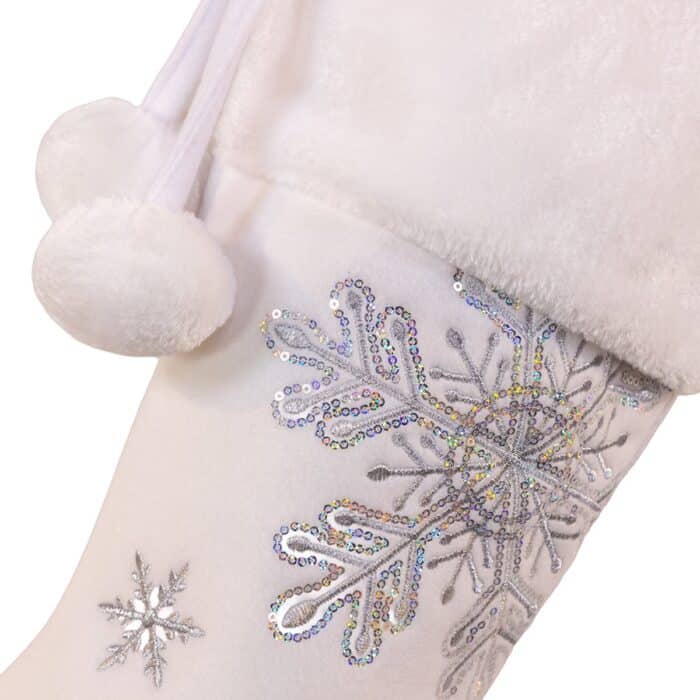 White Velvet Snowflake Stocking Close Up