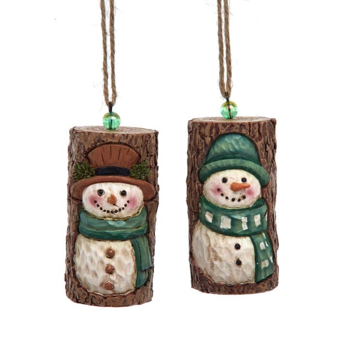 Winter Green Tree Bark Snowman Ornaments