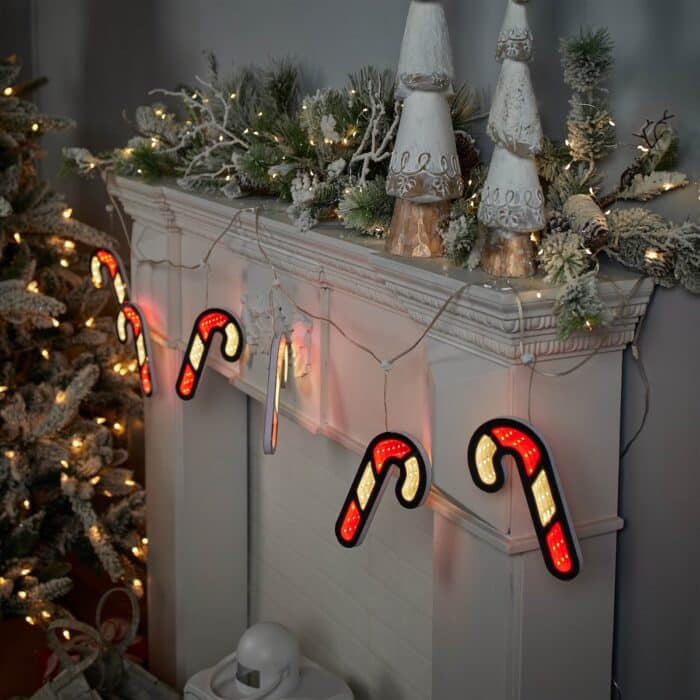 Candy Cane Garland Infinity Lit Decor Close Up Mantle