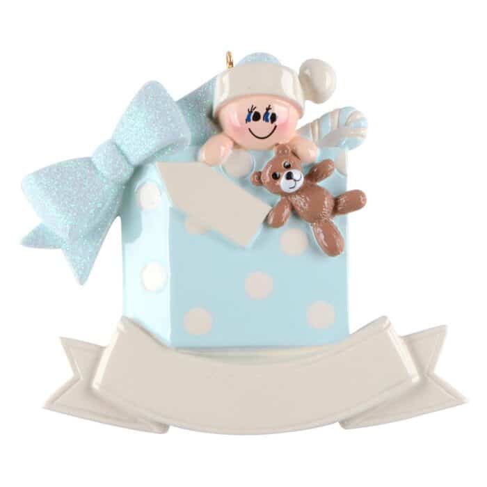 Baby in Gift Box Ornament Personalized Blue