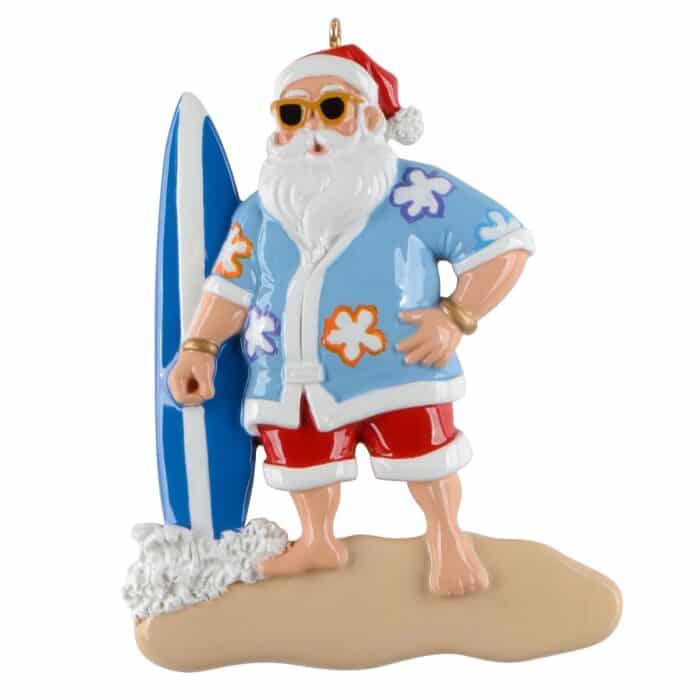 Hang Ten Surfing Santa Ornament Personalized
