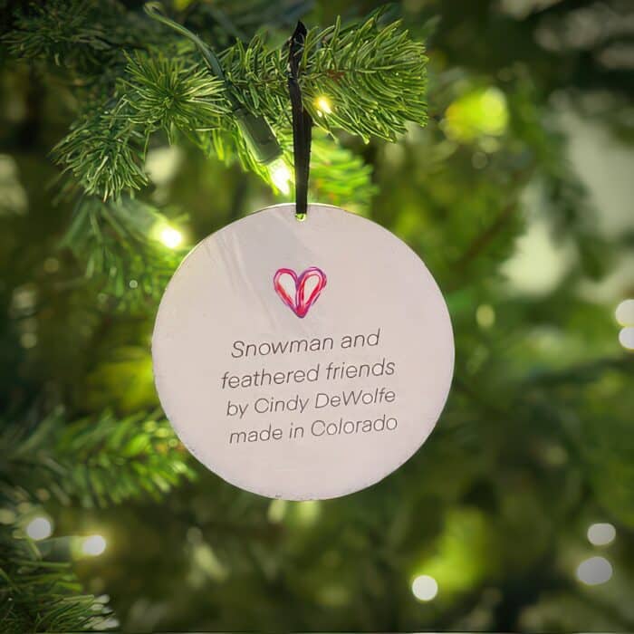 Snowman and Feathered Friends Ornament by Cindy Dewolfe Back