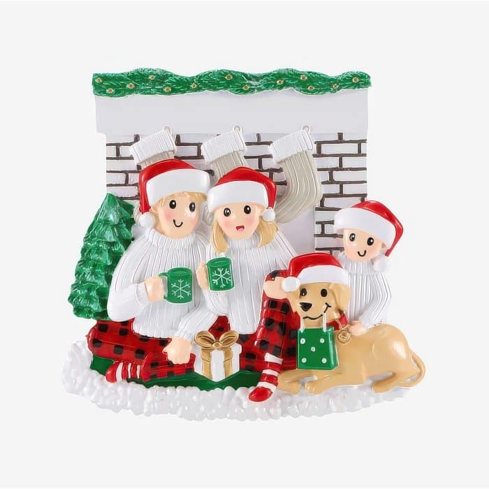 Fireplace Family With Dog Ornament Personalized Family of Three