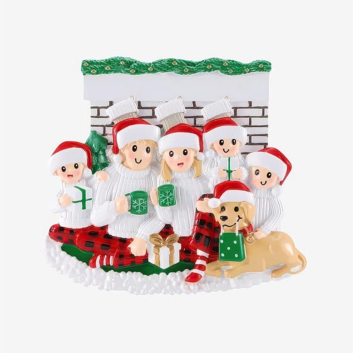 Fireplace Family With Dog Ornament Personalized Family of Five
