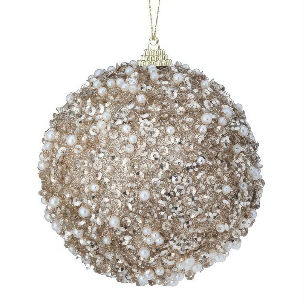 Champagne Gold Beaded Glitter Ball Ornament