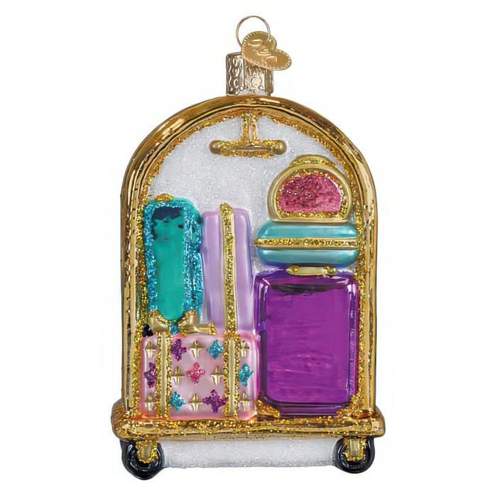 Hotel Luggage Cart Ornament Old World Christmas Back