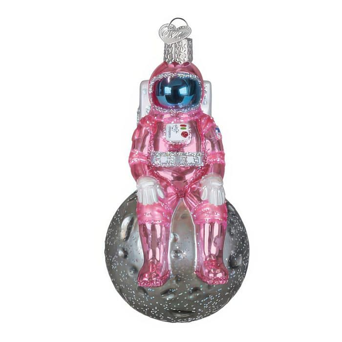 Pink Astronaut On Moon Ornament Old World Christmas Front