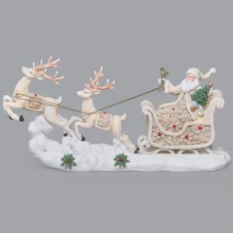Santa Sleigh With Reindeer Poinsettia Design Figurine