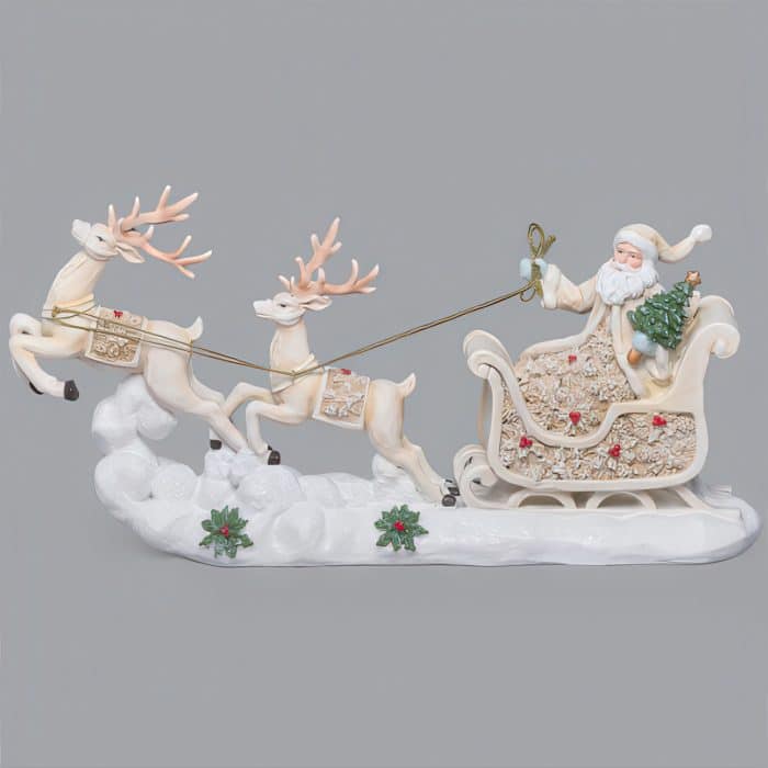 Santa Sleigh With Reindeer Poinsettia Design Figurine