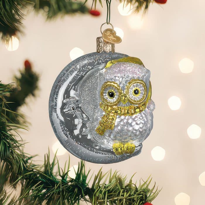 Sterling Now Owl On Moon Ornament Old World Christmas