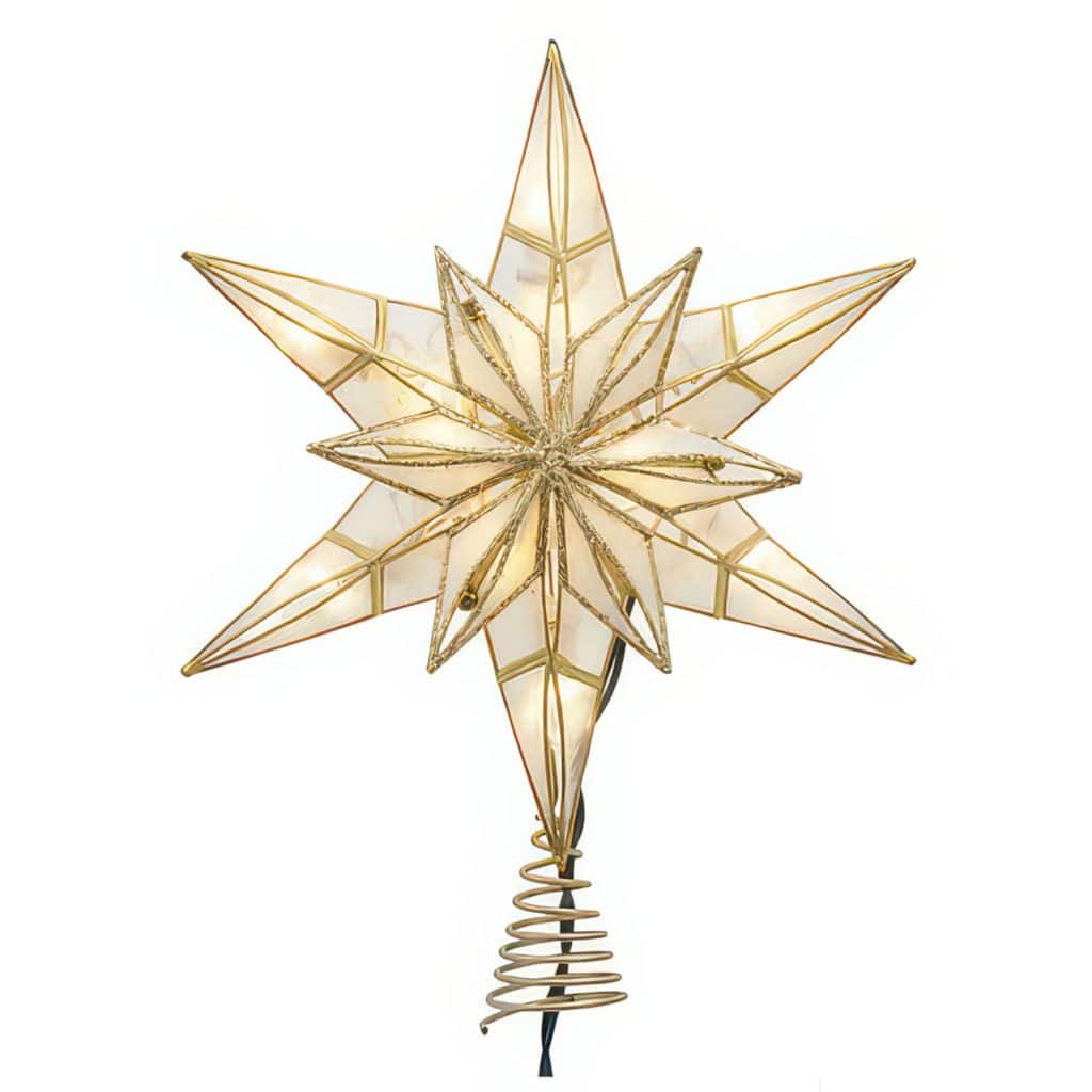 Capiz Star Gold Glitter Lit Tree Topper
