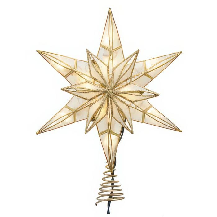 Capiz Star Gold Glitter Lit Tree Topper