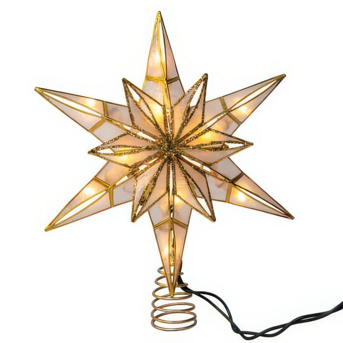Capiz Star Gold Glitter Lit Tree Topper Lit