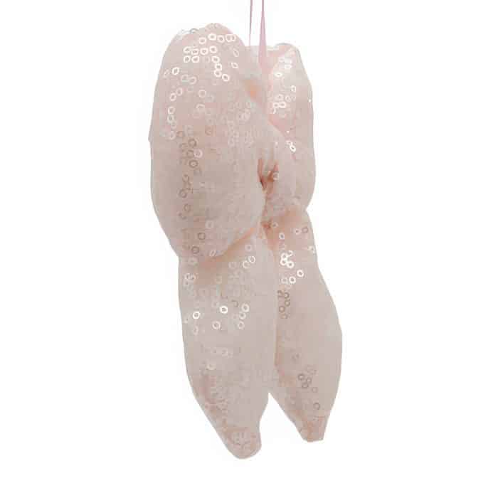 Pair of Pale Pink Sheer Gloves Covered in Small White Sequins Hanging by Pink Ribbons