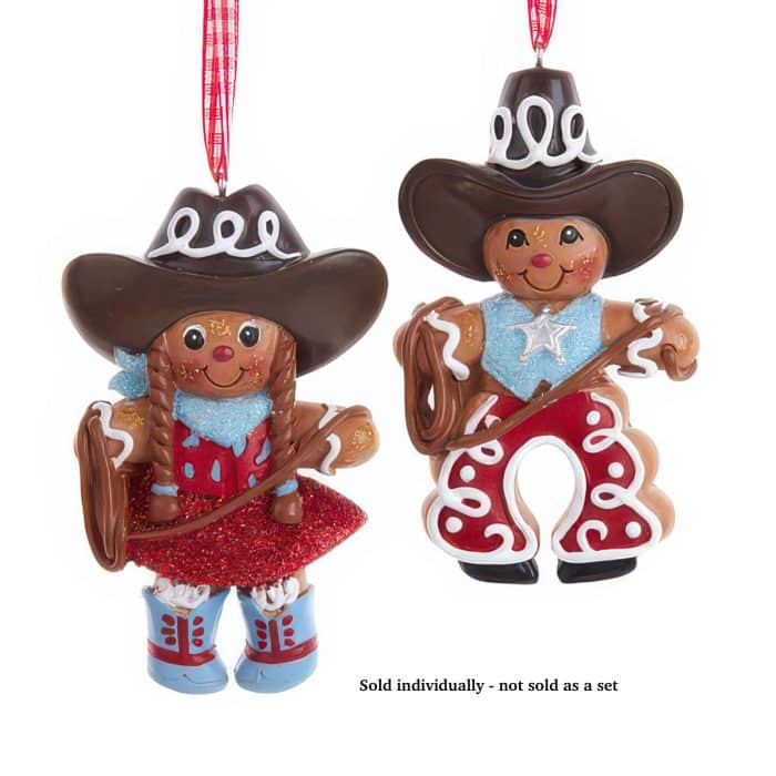Two Smiling Cowboy Christmas Ornaments with Oversized Hats and a Lasso Hanging for Decoration Includes the Text sold Individually   Not Sold As a Set