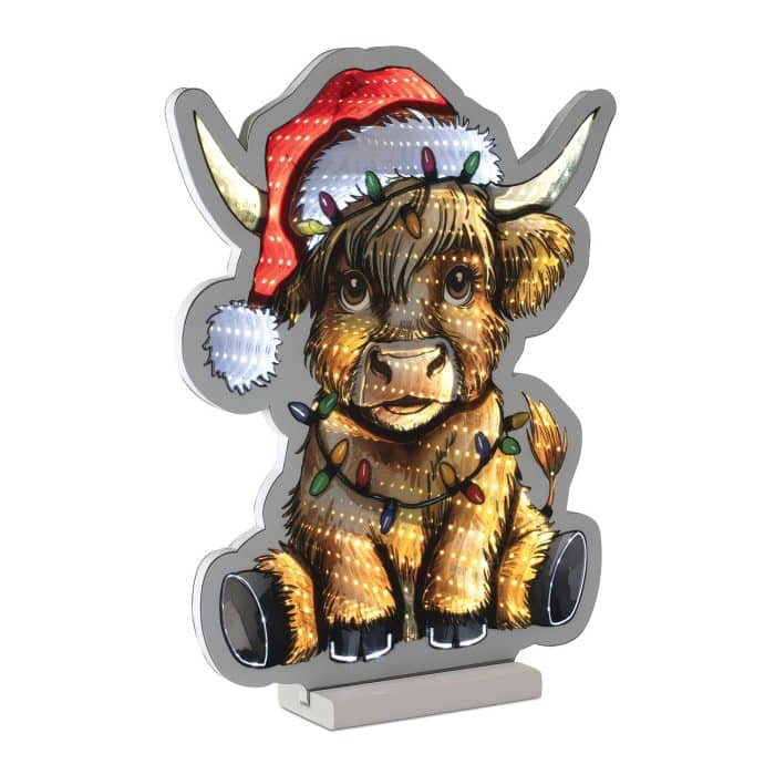 Highland Cow with Santa Hat Infinity Lit Decor