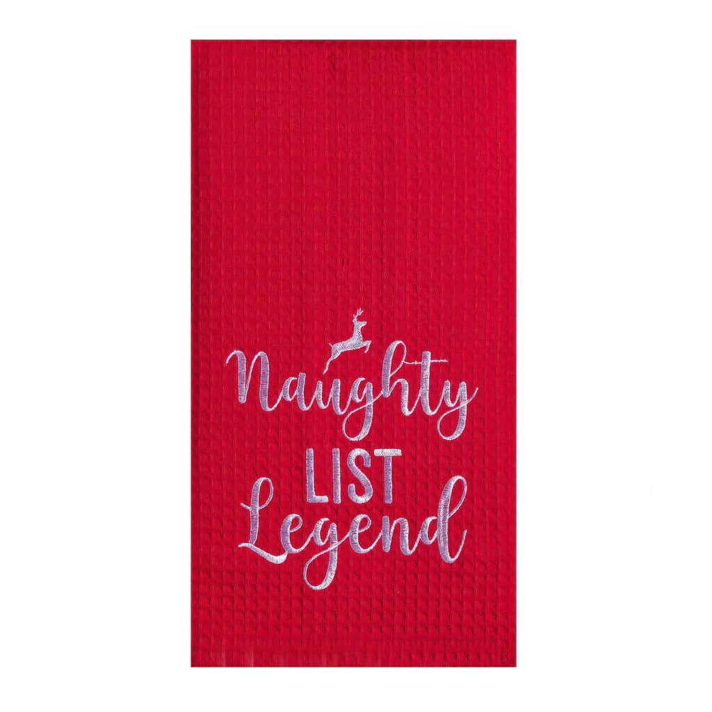 Red Towel Featuring White Cursive Text That Reads naughty List Legend with a Small Deer Motif