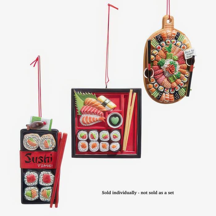 Colorful Miniature Sushi Sets Displayed on Red and Black Trays with Chopsticks Labeled Sushi Time for Individual Sale