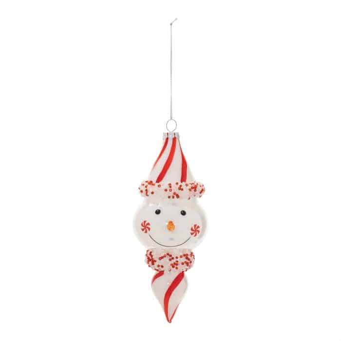 Hanging Glass Snowman Ornament with Red and white Candy cane Stripes and a Beaded Scarfcollar on a Silver String