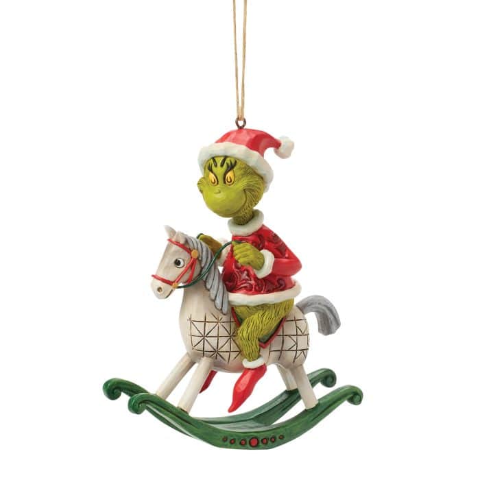 Grinch on Rocking Horse Ornament by Jim Shore Quarter View