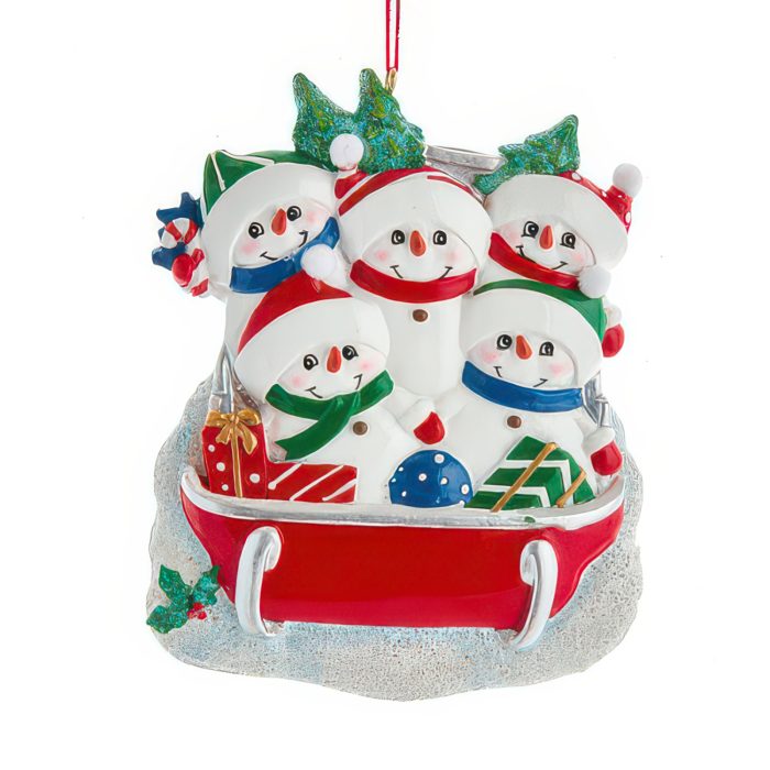 Snow Family on Sled Ornaments Personalize Five